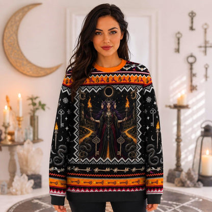 Hecate Sweater Torch Key Labyrinth Crossroads Pagan Knit worn, front view