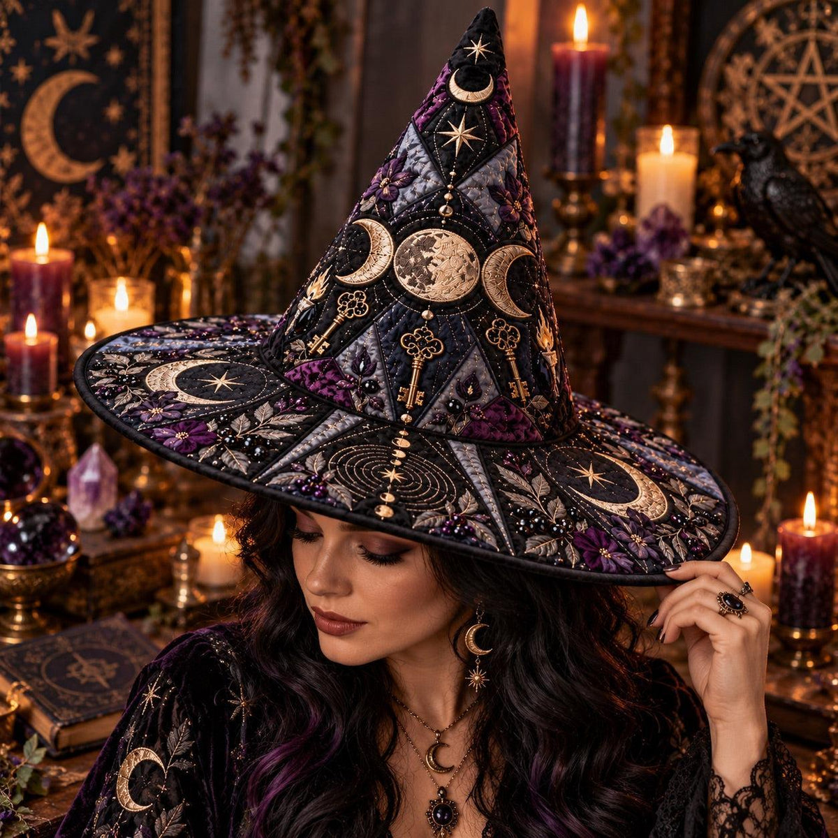 Torchlit Key Quilted Witch Hat – Triple Moon Witchcraft Brim Hat – worn by a model