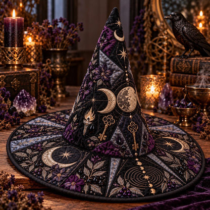 Torchlit Key Quilted Witch Hat – Triple Moon Witchcraft Brim Hat – styled with candles and crystals