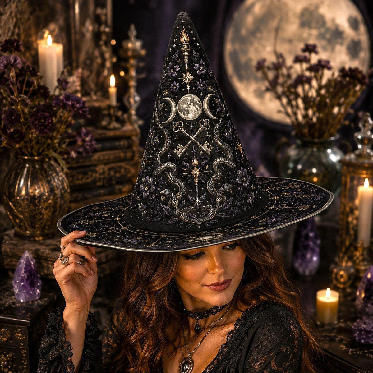 Hecate Key Witch Hat – Serpent Crossroads Wiccan Ritual Brim Hat – worn, front view