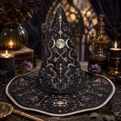 Hecate Key Witch Hat – Serpent Crossroads Wiccan Ritual Brim Hat – on an altar table