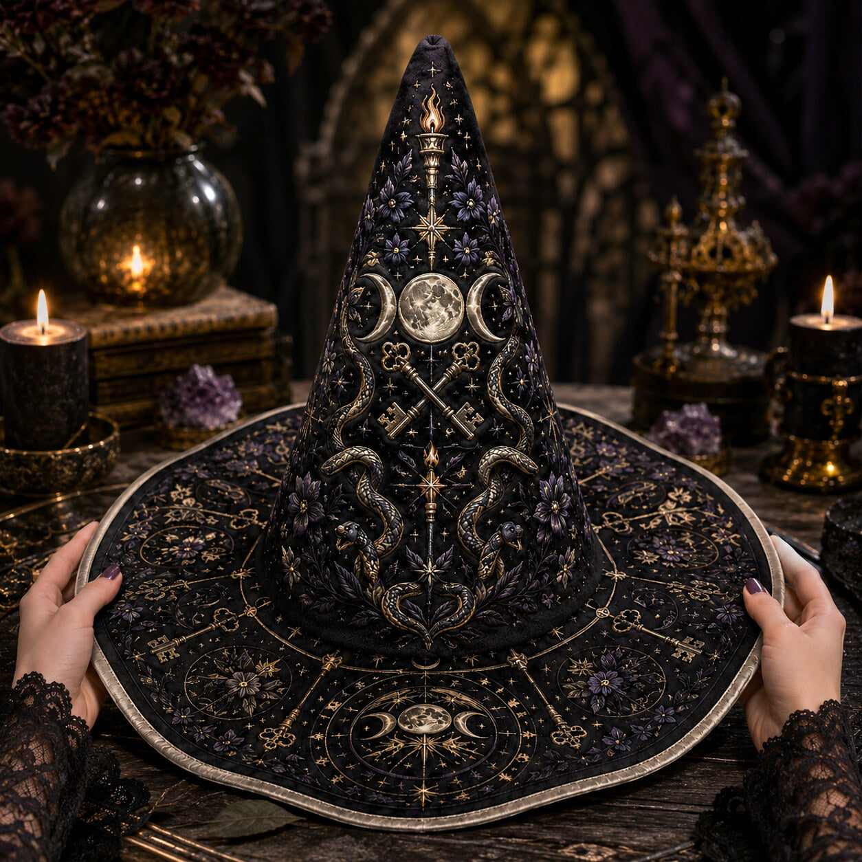 Hecate Key Witch Hat – Serpent Crossroads Wiccan Ritual Brim Hat – styled with candles and crystals
