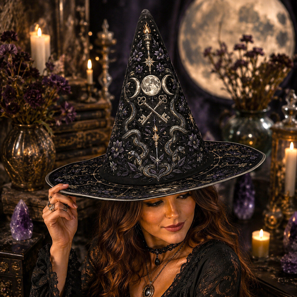 Hecate Key Witch Hat – Serpent Crossroads Wiccan Ritual Brim Hat – worn, front view