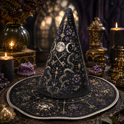 Hecate Key Witch Hat – Serpent Crossroads Wiccan Ritual Brim Hat – quilting and print detail