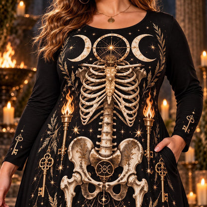 Hecate Keys Skeleton Plus Size Pagan Dress – Gothic Long Sleeve Maxi – close up of the printed artwork