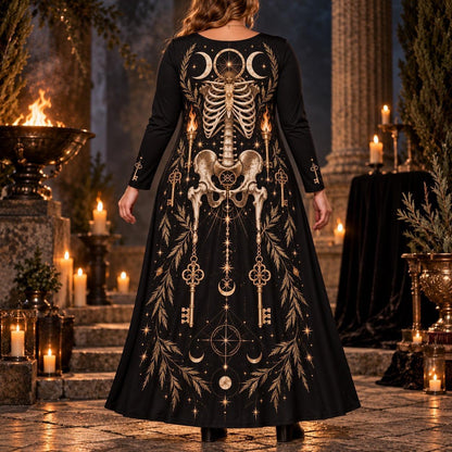 Hecate Keys Skeleton Plus Size Pagan Dress – Gothic Long Sleeve Maxi – worn, back view