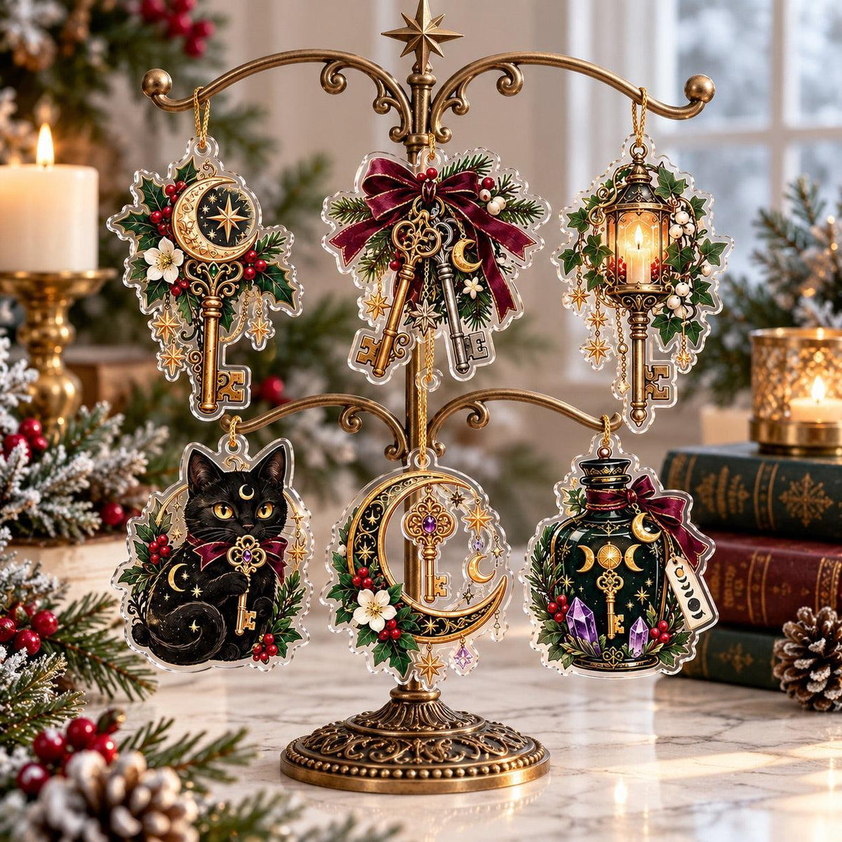 Hecate Keys Yule Acrylic Ornament Set – Pagan Witchy Christmas Decor – set of 6, another view