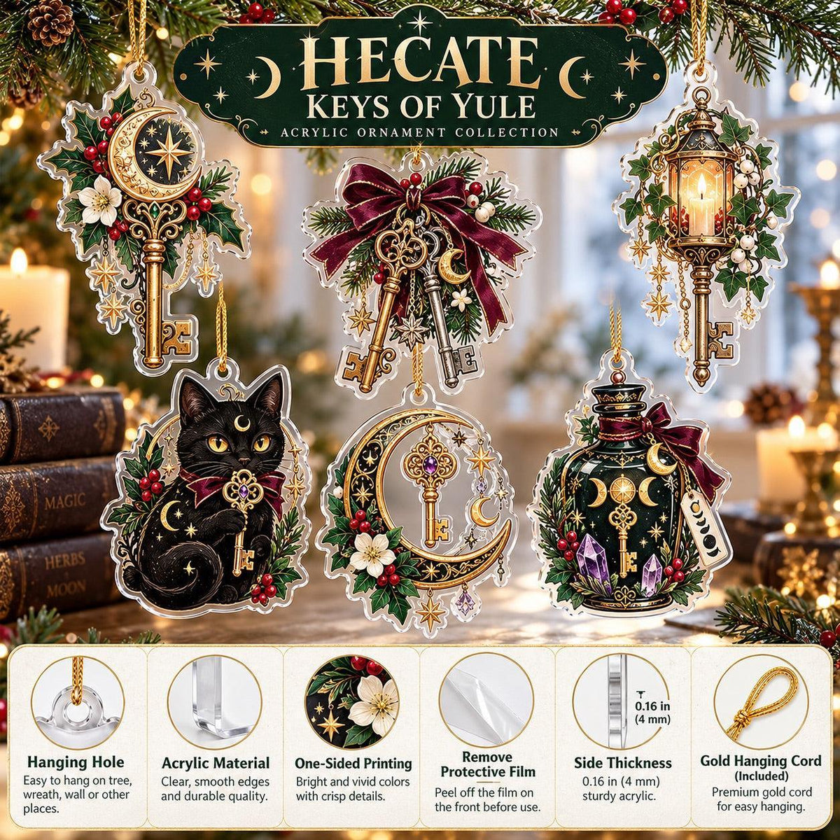 Hecate Keys Yule Acrylic Ornament Set – Pagan Witchy Christmas Decor – ornament size and details