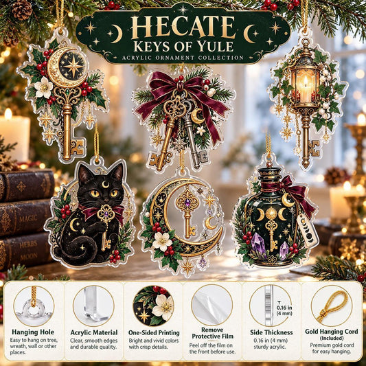 Hecate Keys Yule Acrylic Ornament Set – Pagan Witchy Christmas Decor – ornament size and details