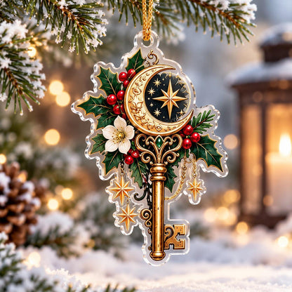 Hecate Keys Yule Acrylic Ornament Set – Pagan Witchy Christmas Decor – Star Moon Key ornament