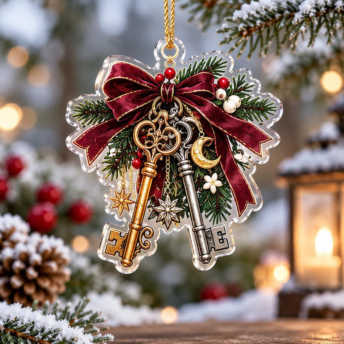Hecate Keys Yule Acrylic Ornament Set – Pagan Witchy Christmas Decor – Twin Keys Bow ornament