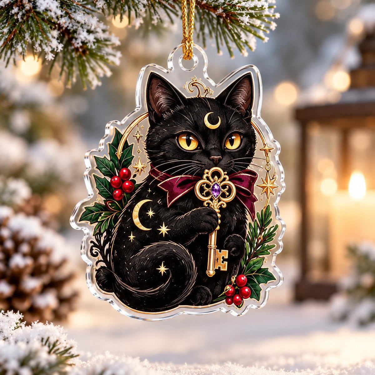 Hecate Keys Yule Acrylic Ornament Set – Pagan Witchy Christmas Decor – Black Cat Key ornament