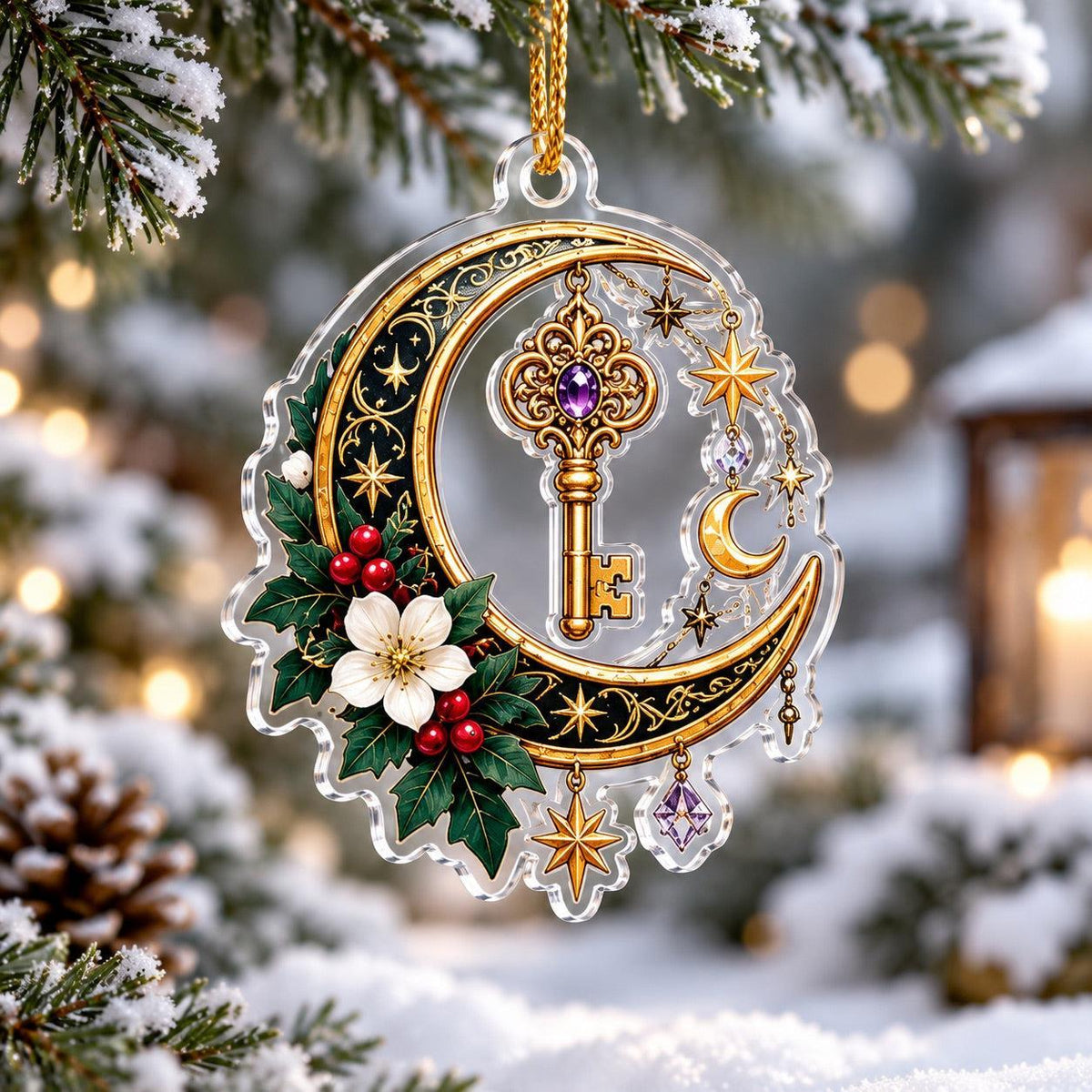 Hecate Keys Yule Acrylic Ornament Set – Pagan Witchy Christmas Decor – Crescent Key ornament