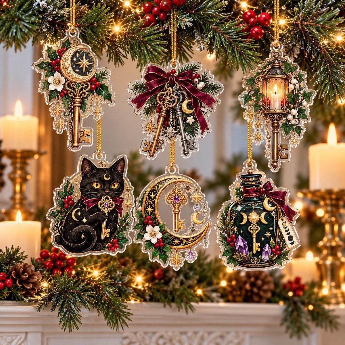 Hecate Keys Yule Acrylic Ornament Set – Pagan Witchy Christmas Decor – set of 6 acrylic ornaments