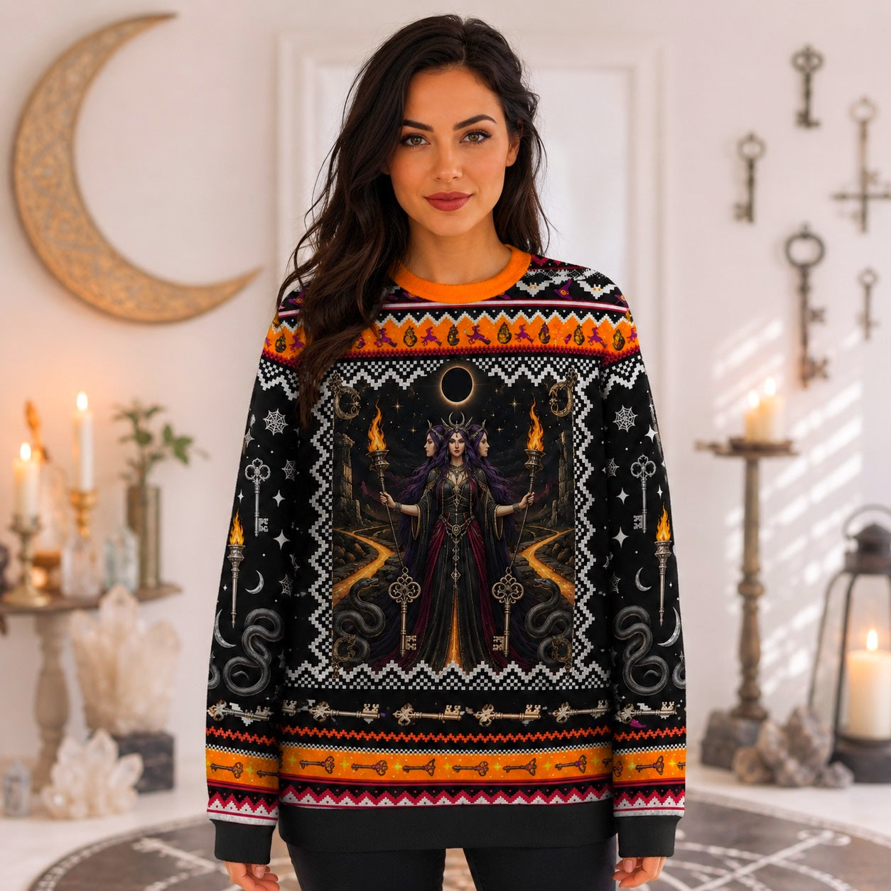 Hecate Sweater Torch Key Labyrinth Crossroads Pagan Knit worn, front view