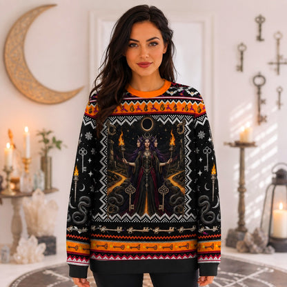 Hecate Sweater Torch Key Labyrinth Crossroads Pagan Knit worn, front view
