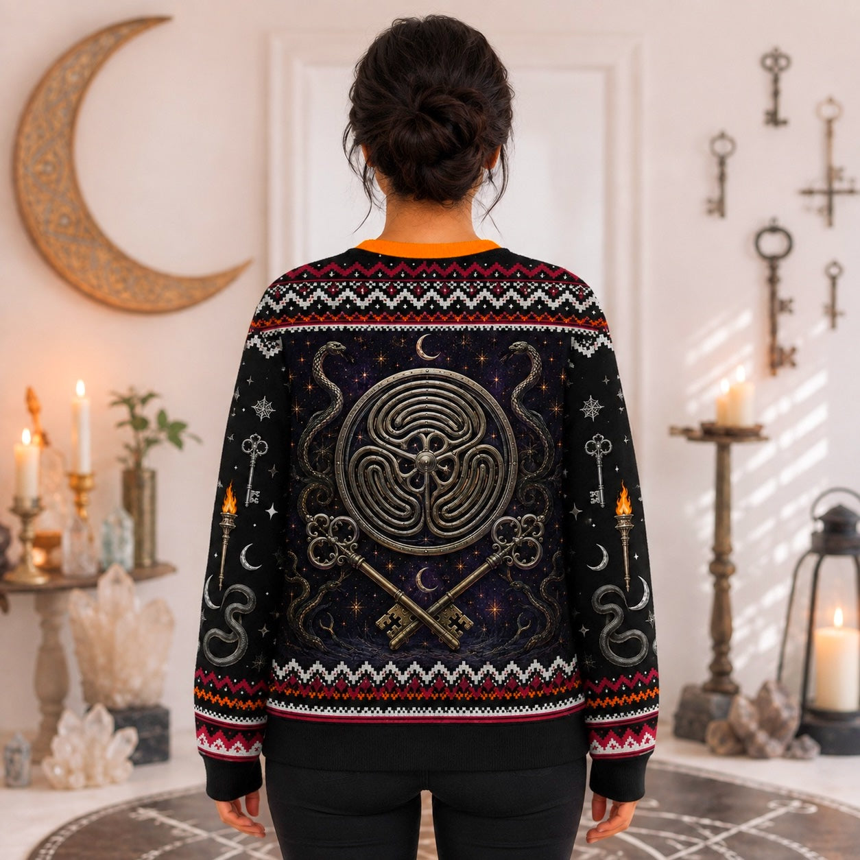 Hecate Sweater Torch Key Labyrinth Crossroads Pagan Knit worn, back view