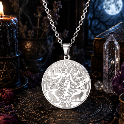 Hecate Triple Goddess Necklace – Witchcraft Occult Pendant with a candle and crystals in the background