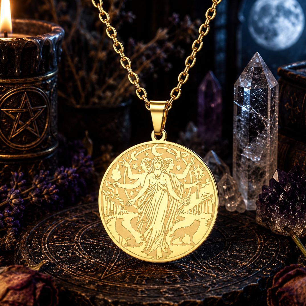 Hecate Triple Goddess Necklace – Witchcraft Occult Pendant with a candle and crystals in the background