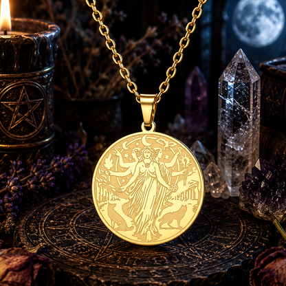 Hecate Triple Goddess Necklace – Witchcraft Occult Pendant with a candle and crystals in the background