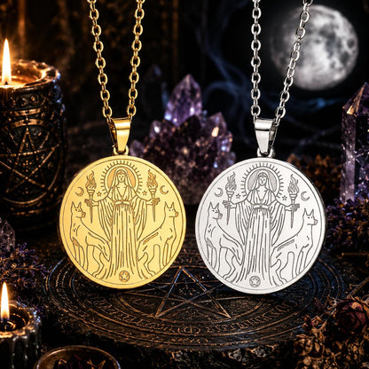 Hecate Triple Goddess Necklace – Witchcraft Occult Pendant with a candle and crystals in the background