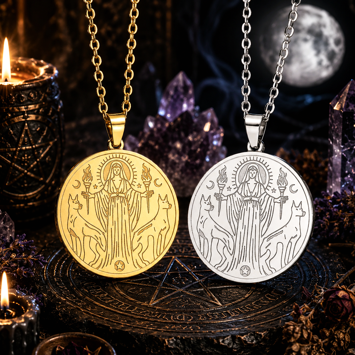 Hecate Triple Goddess Necklace – Witchcraft Occult Pendant with a candle and crystals in the background