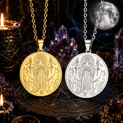 Hecate Triple Goddess Necklace – Witchcraft Occult Pendant with a candle and crystals in the background
