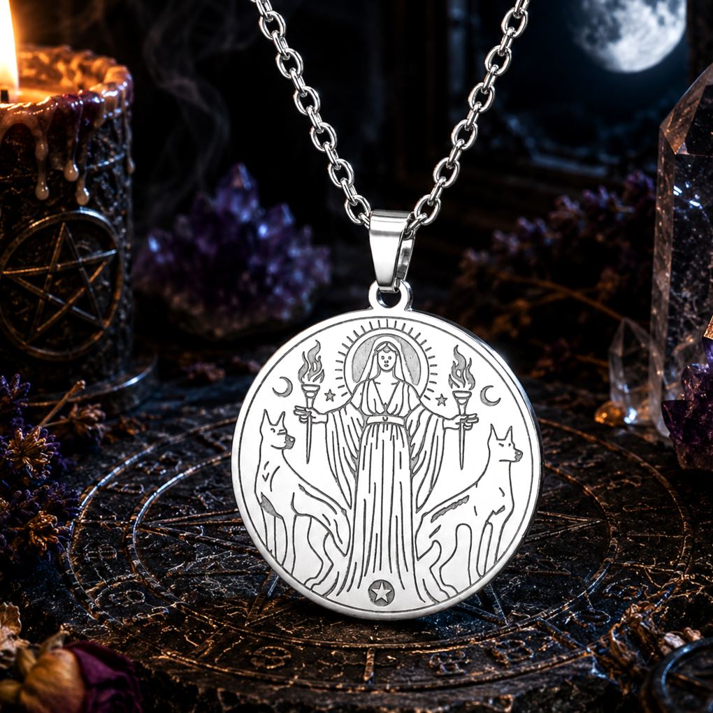 Hecate Triple Goddess Necklace – Witchcraft Occult Pendant with a candle and crystals in the background