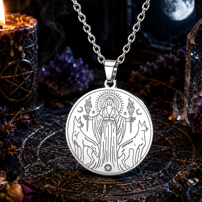 Hecate Triple Goddess Necklace – Witchcraft Occult Pendant with a candle and crystals in the background