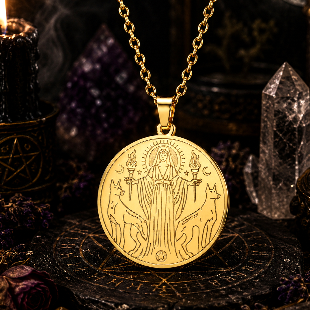 Hecate Triple Goddess Necklace – Witchcraft Occult Pendant with a candle and crystals in the background