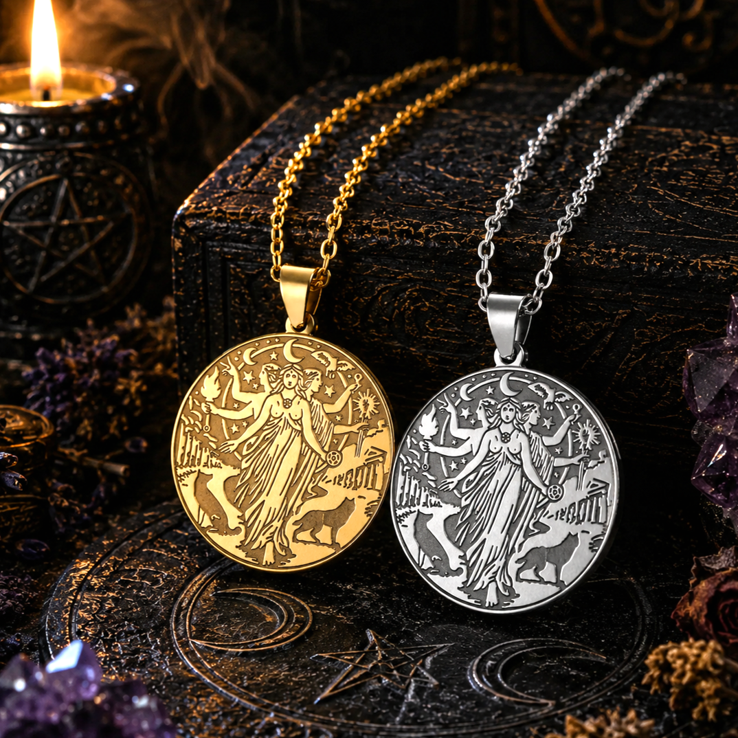 Hecate Triple Goddess Necklace – Witchcraft Occult Pendant with a candle and crystals in the background