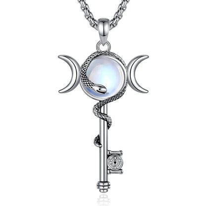 Hecate Triple Moon Goddess Necklace Moonstone Snake Key Wicca Pagan Jewelry-MoonChildWorld