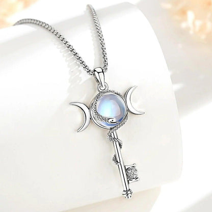 Hecate Triple Moon Goddess Necklace Moonstone Snake Key Wicca Pagan Jewelry-MoonChildWorld