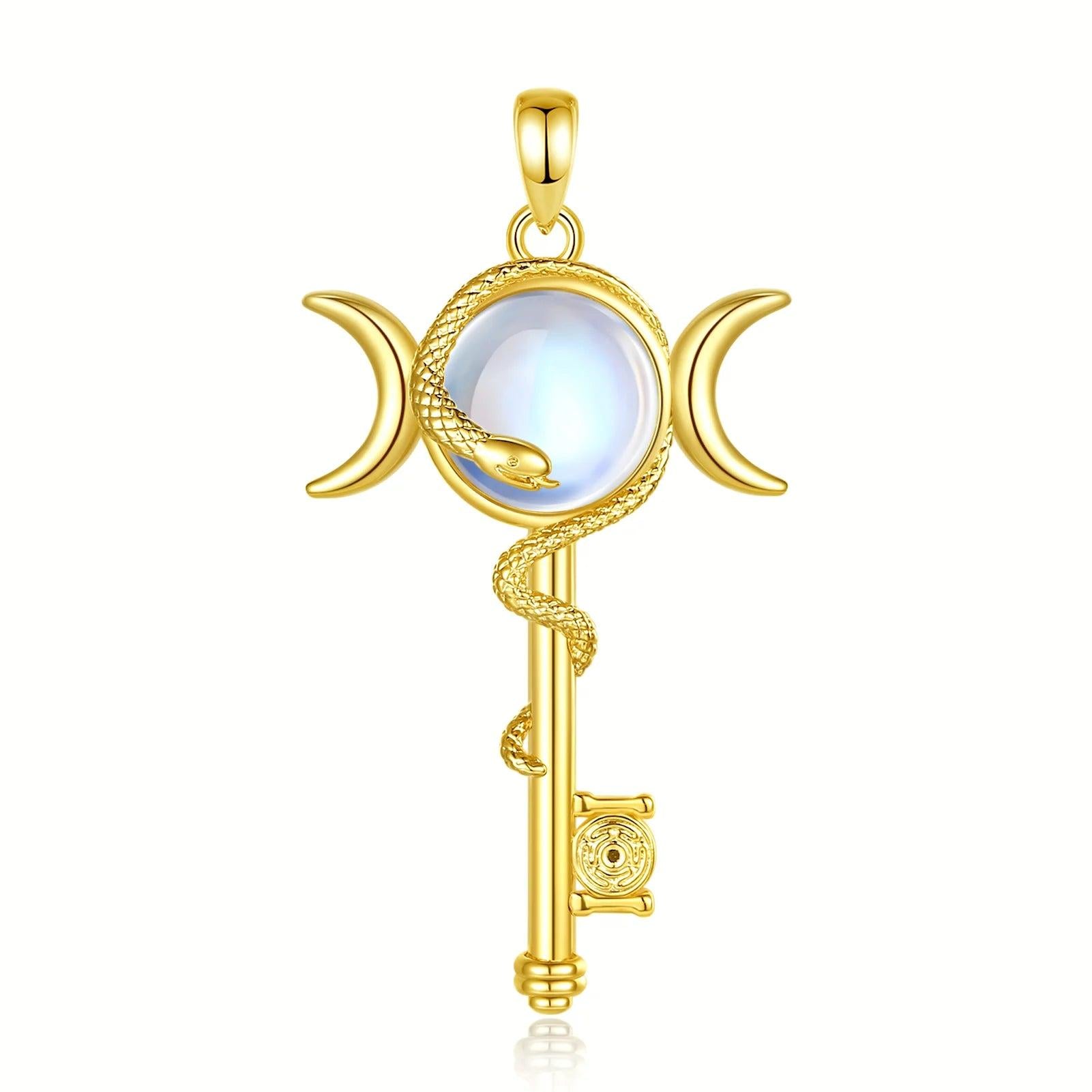 Hecate Triple Moon Goddess Necklace Moonstone Snake Key Wicca Pagan Jewelry-MoonChildWorld