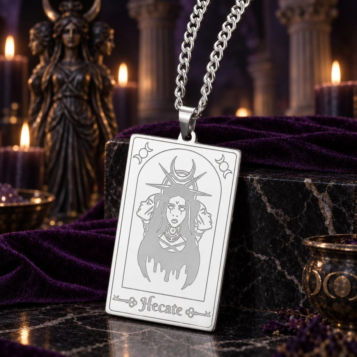 Hecate Triple Moon Goddess Tarot Card Pendant Necklace — detailed jewelry view 6
