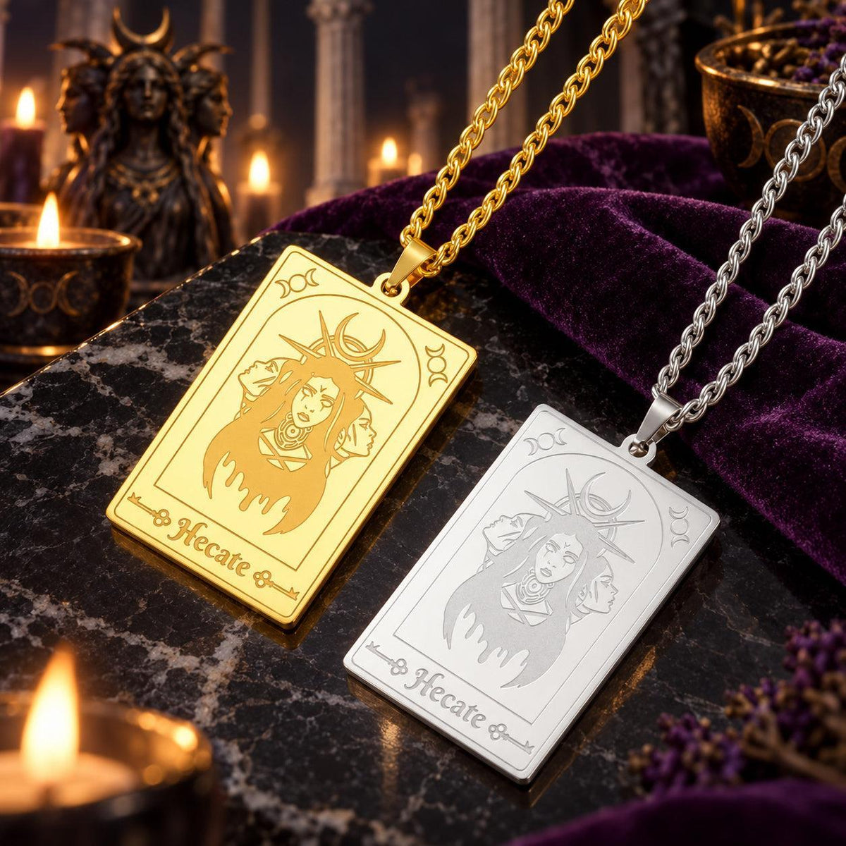 Hecate Triple Moon Goddess Tarot Card Pendant Necklace — detailed jewelry view 2