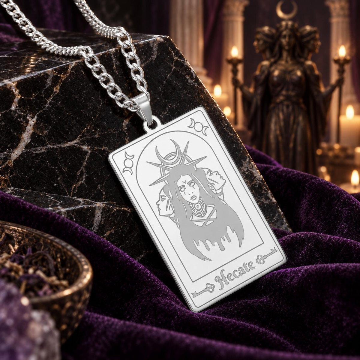 Hecate Triple Moon Goddess Tarot Card Pendant Necklace — detailed jewelry view 4