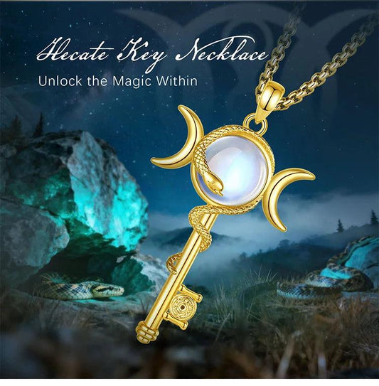 Hecate Triple Moon Necklace Moonstone Snake Key Wicca Pagan Jewelry-MoonChildWorld