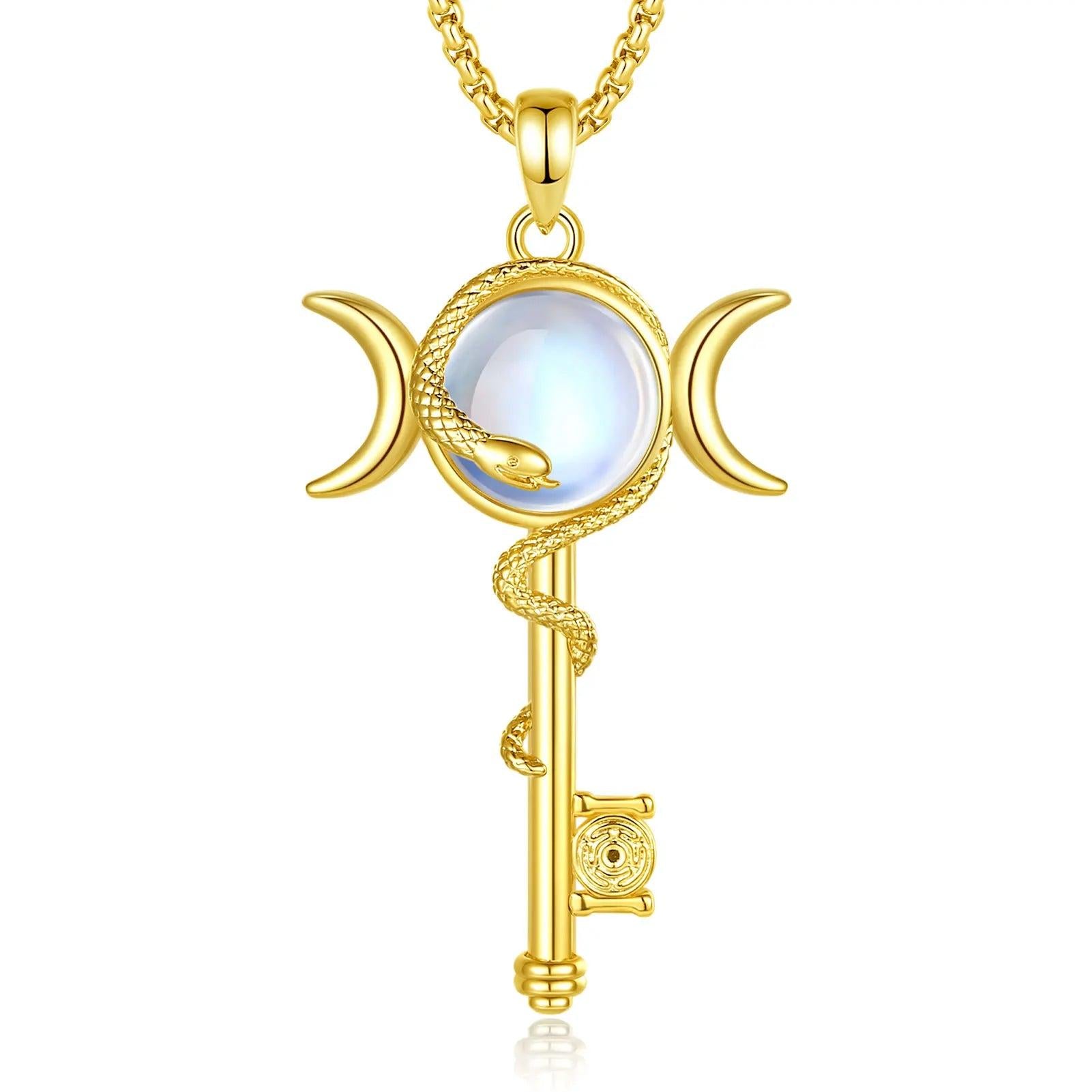 Hecate Triple Moon Necklace Moonstone Snake Key Wicca Pagan Jewelry-MoonChildWorld