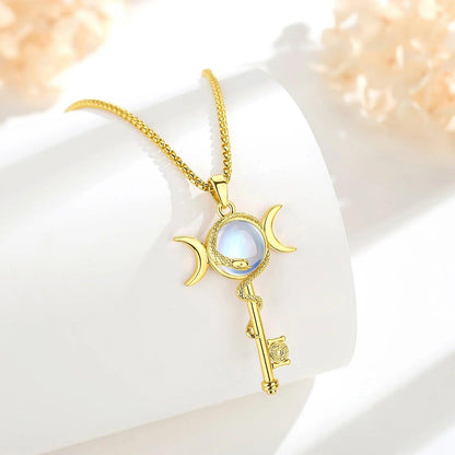 Hecate Triple Moon Necklace Moonstone Snake Key Wicca Pagan Jewelry-MoonChildWorld