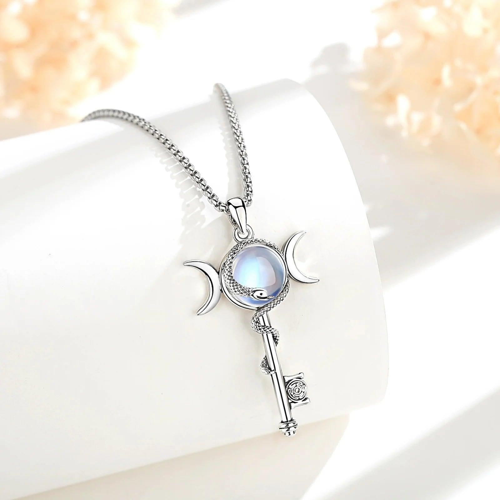 Hecate Triple Moon Necklace Moonstone Snake Key Wicca Pagan Jewelry-MoonChildWorld