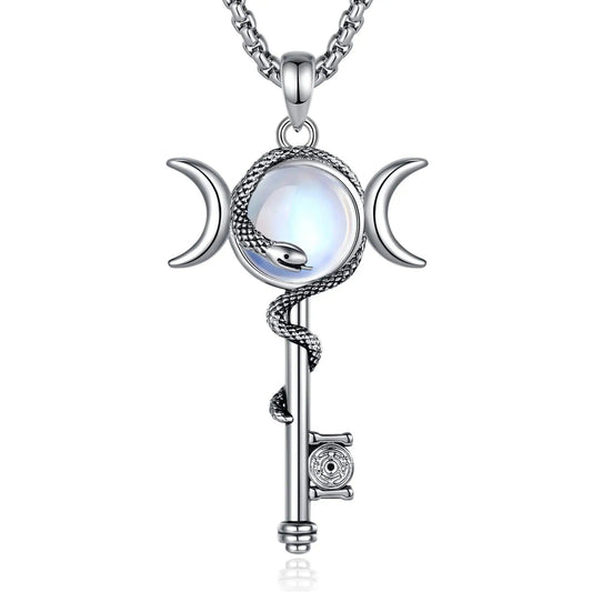 Hecate Triple Moon Necklace Moonstone Snake Key Wicca Pagan Jewelry-MoonChildWorld