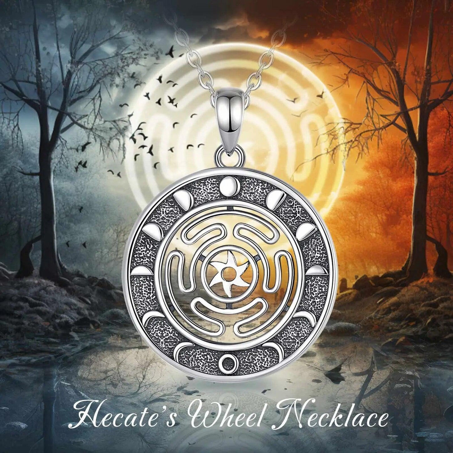 Sterling silver Hecate Wheel necklace with moon phases, witchcraft jewelry.