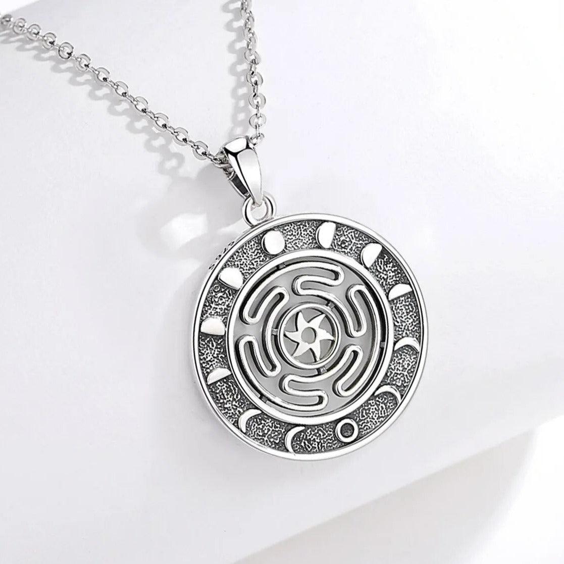 Stunning 925 Sterling Silver Hecate Wheel necklace with Moon Phases, Witchcraft Jewelry.