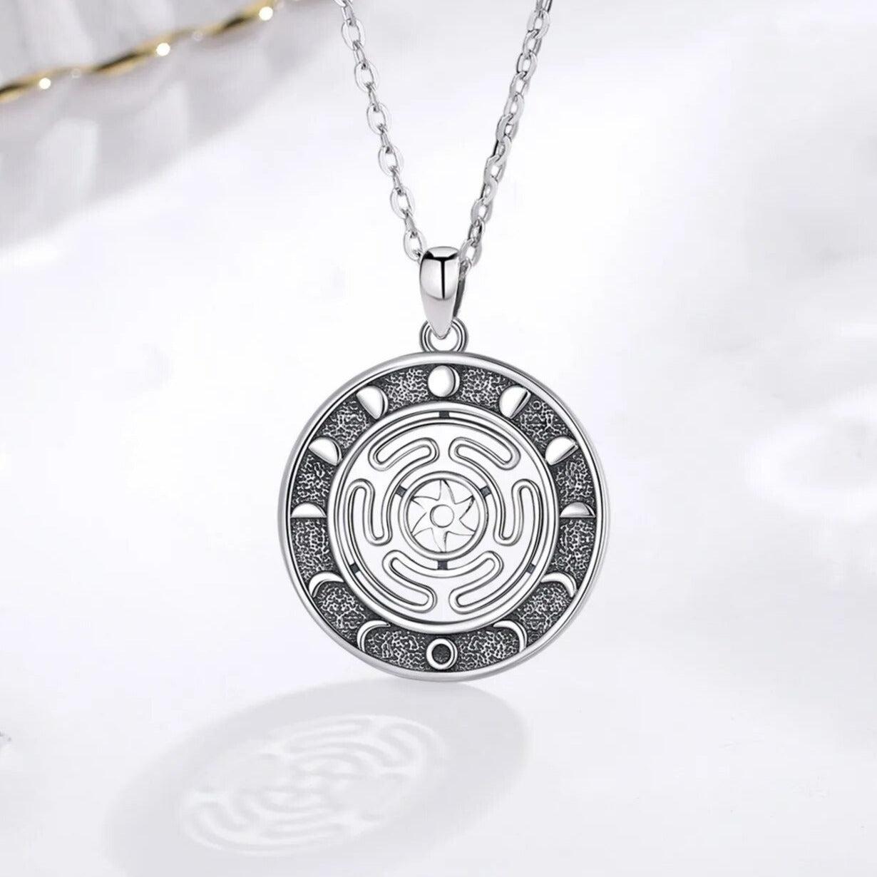Magnificent 925 Sterling Silver Hecate Wheel necklace with Moon Phases, Witchcraft Jewelry.
