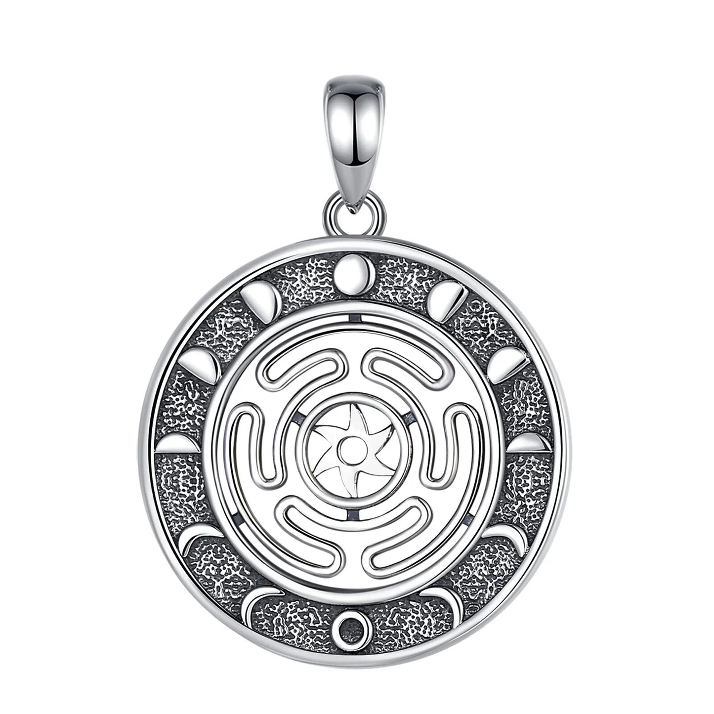 Sterling silver Hecate Wheel pendant with moon phases, intricate witchcraft jewelry.