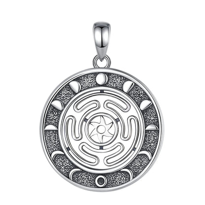 Sterling silver Hecate Wheel pendant with moon phases, intricate witchcraft jewelry.