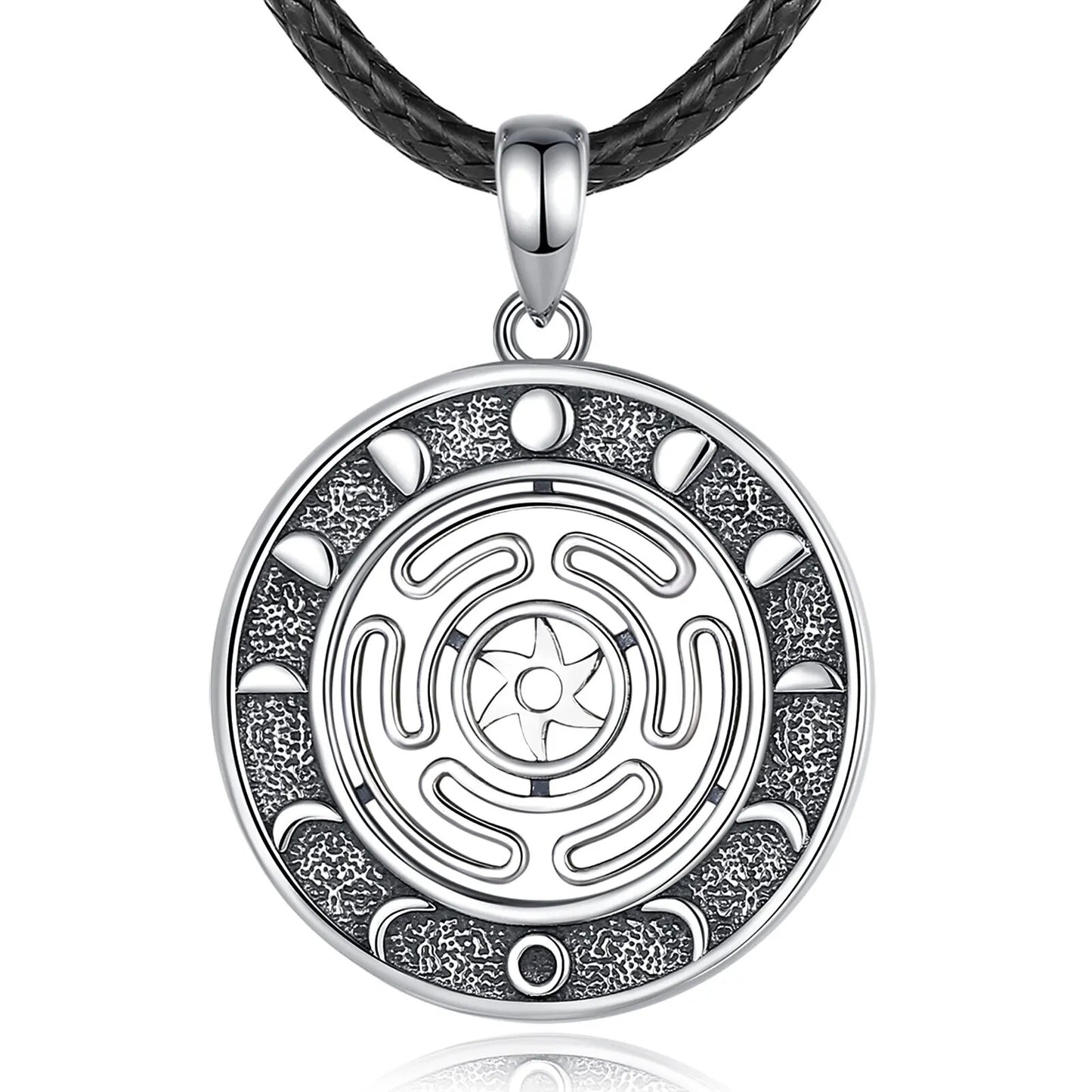 Sterling silver Hecate Wheel pendant with Moon Phases on a black braided cord.