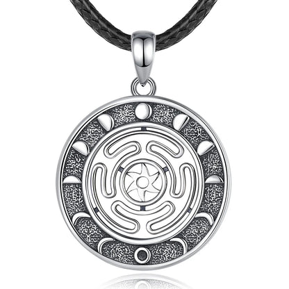 Sterling silver Hecate Wheel pendant with Moon Phases on a black braided cord.