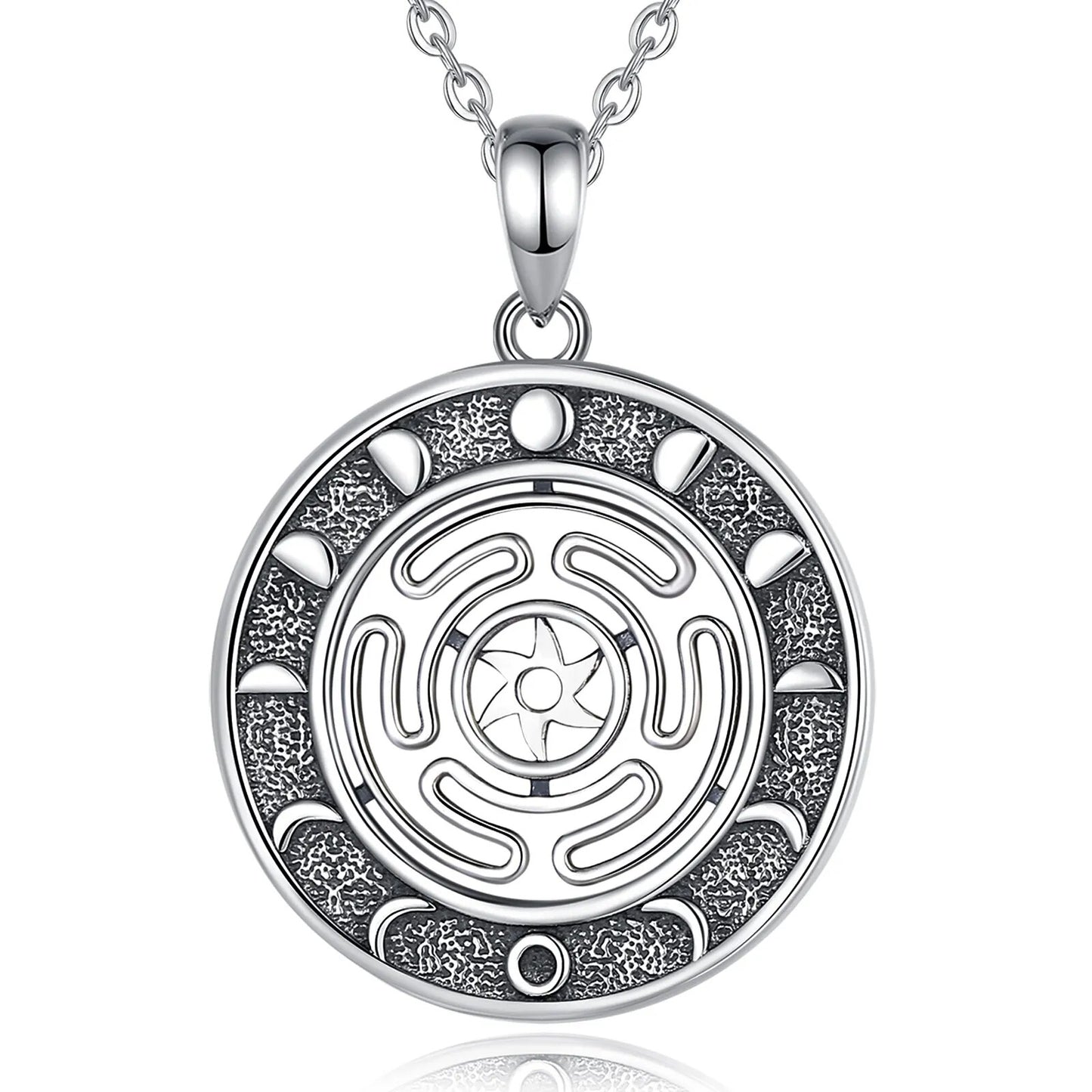 Stunning 925 Sterling Silver Hecate Wheel necklace with intricate Moon Phase design.